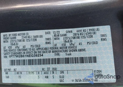 2022 Ford F-250 Xl из США, поврежденный, VIN 1FT7W2B61NEG39234